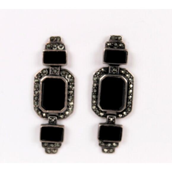 Vintage Sterling Silver Black Onyx Marcasite Dangle Earrings 1930's Art Deco - Picture 1 of 5